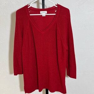 Liz Claiborne 3/4 Sleeve Red V-Neck Sparkle Knit Top XL